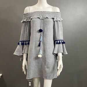 Boston Proper Off-Shoulder Blue-Gray Rayon/Linen Dress with Tassels Size XS